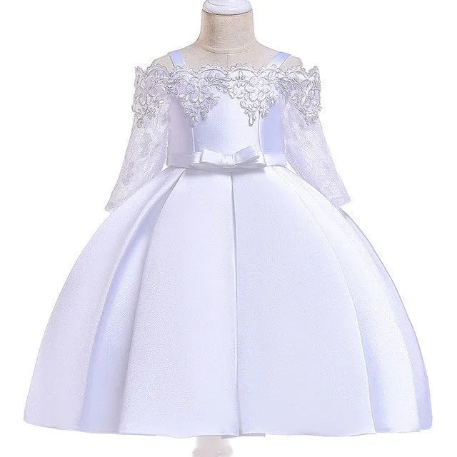 A girls' lace-trimmed dress set comprising a top and skirt, shown in one of the available colours.