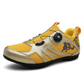 Unisex cycling shoes with rubber sole and microfiber fabric upper in black, gold, red, white, sizes 36-44