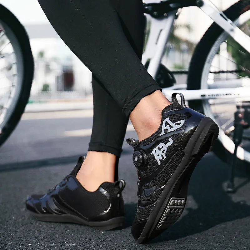 Unisex cycling shoes with rubber sole and microfiber fabric upper in black, gold, red, white, sizes 36-44
