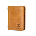 Men's casual leather wallet open showing photo slot, card holders, bill compartment and secret section