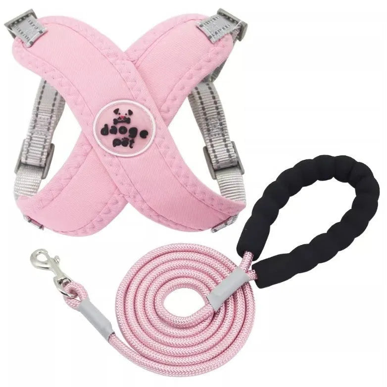 Pet walking vest with hand-held rope in blue, green, pink, or yellow colours