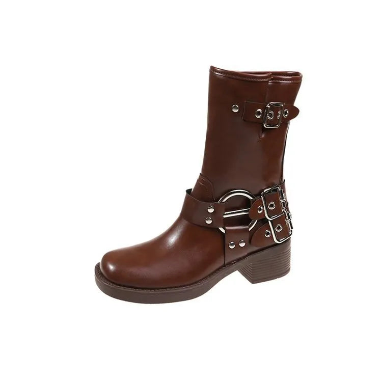 Women's platform boots with mid-calf length and belt buckle detail in black or brown colours
