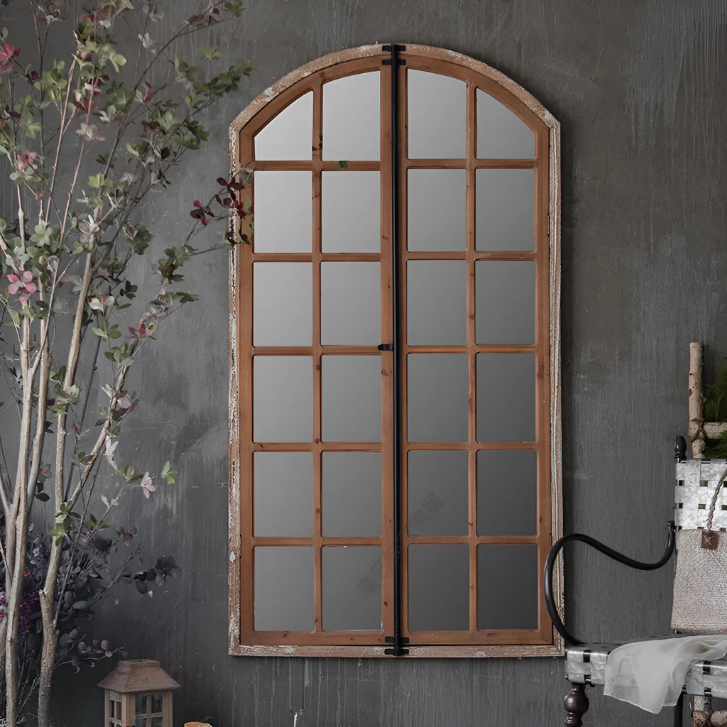 Terrace distressed fake window wall mirror in log colour with wooden glass construction