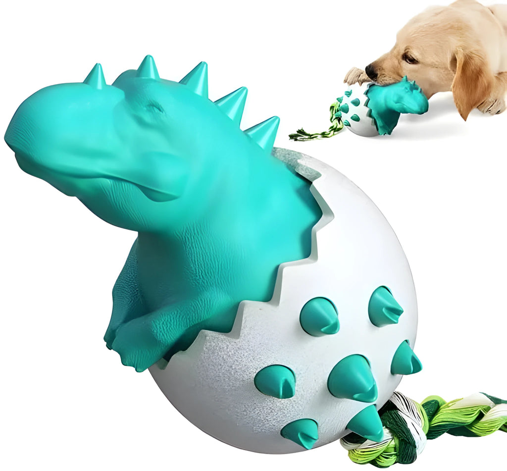 Blue durable rubber and nylon dinosaur-shaped dog chew toy with an integrated rope for fetch and tug games.