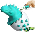 Blue durable rubber and nylon dinosaur-shaped dog chew toy with an integrated rope for fetch and tug games.