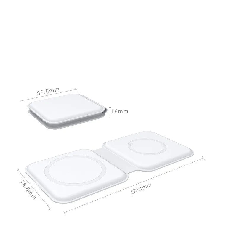 White folding dual magnetic wireless charger with 180-degree adjustable stand
