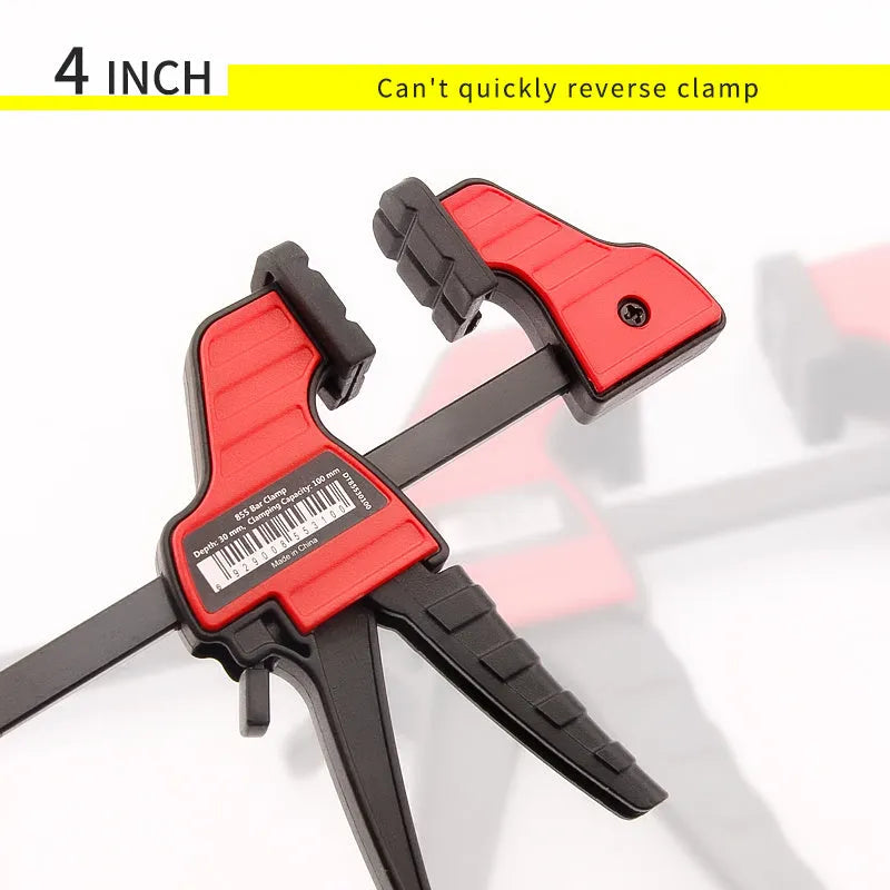 Black plastic quick-adjust woodworking clamp with rubber grips, shown in various sizes.