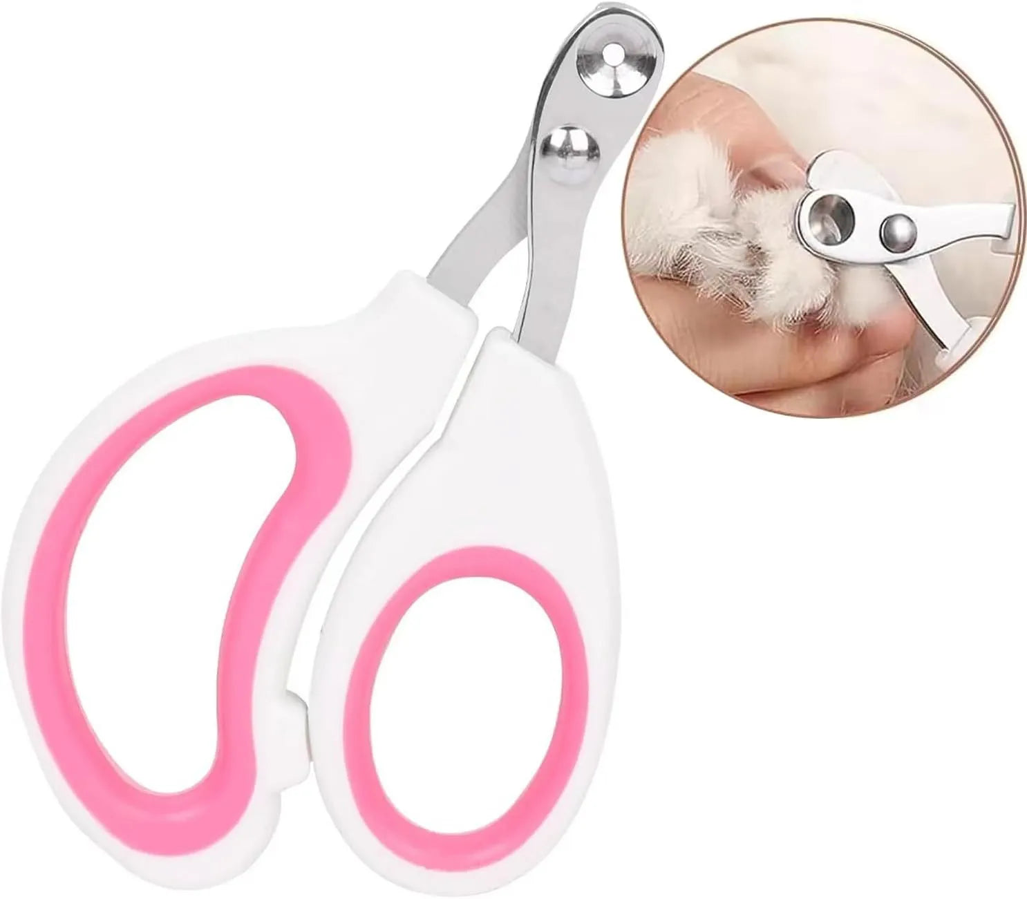 Blue pet nail clippers with a circular cutting hole and cushioned non-slip handle.