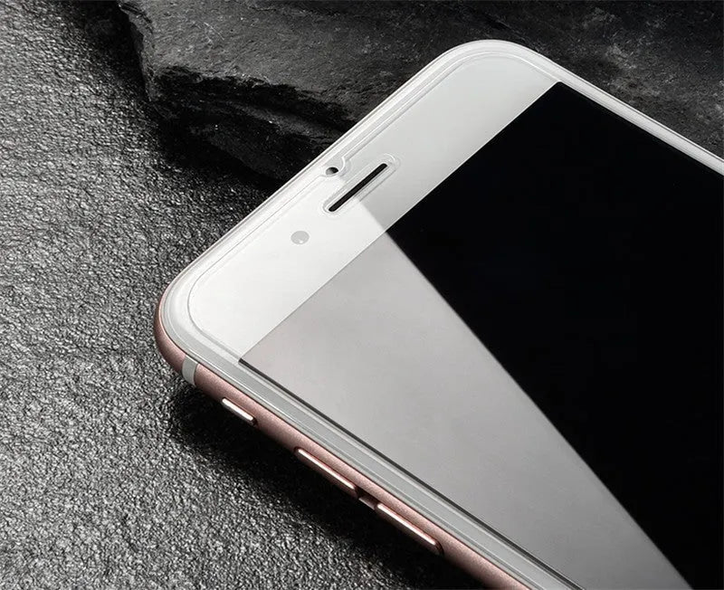 Tempered glass screen protector with 9H hardness and oleophobic coating for smartphones.