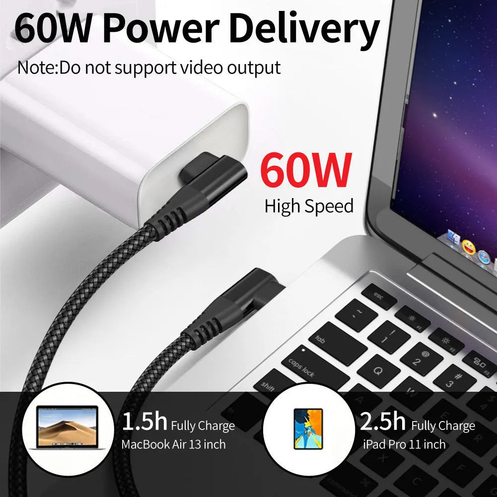 Double-headed charging cable with woven black sheath, Lightning and USB-C ends, 15pd fast charging – 1m 2m 3m lengths