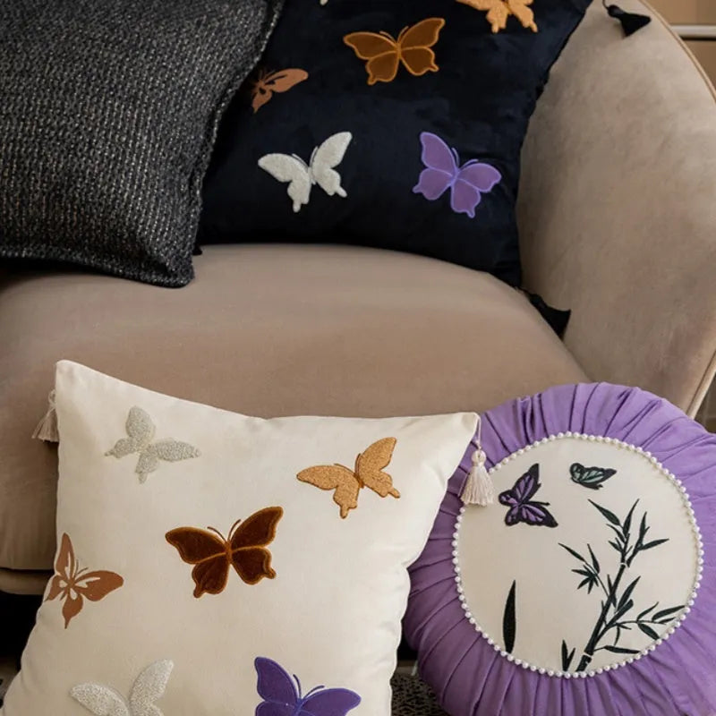 Square beige cushion with black Chinese-style butterfly embroidery, 45x45cm
