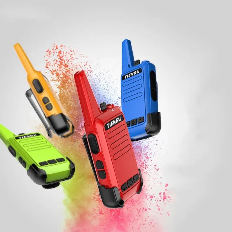TIENGU black wireless handheld radio with LED flashlight, USB port, and back clip on a white background