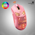 Free Wolf X2 wireless RGB gaming mouse with honeycomb shell in multiple colours on a desk.