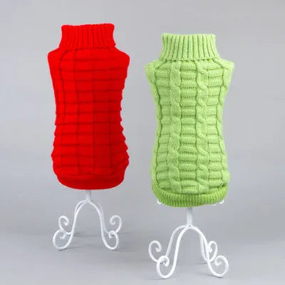 Solid colour knit acrylic dog sweater for small pets, back length 17-39 cm, available in blue, green, pink, red, yellow