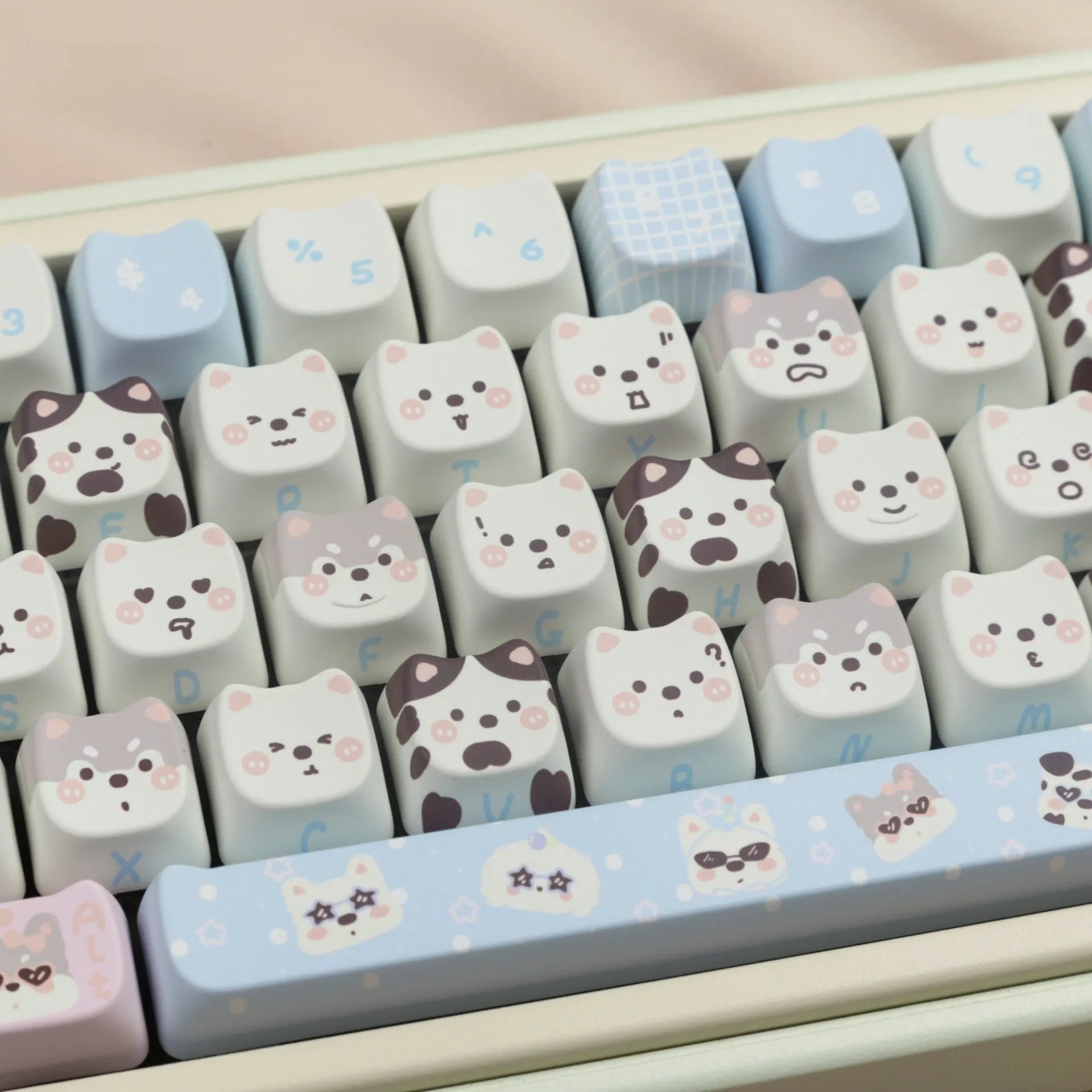 PBT key cap set with cat and puppy sublimation designs for mechanical keyboard customisation