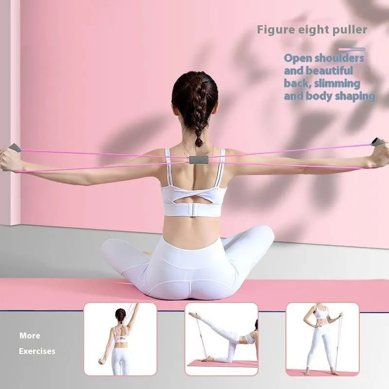 Yoga four piece fitness set showing leg stretcher, foot pedal, yoga ring, and figure eight tension rope