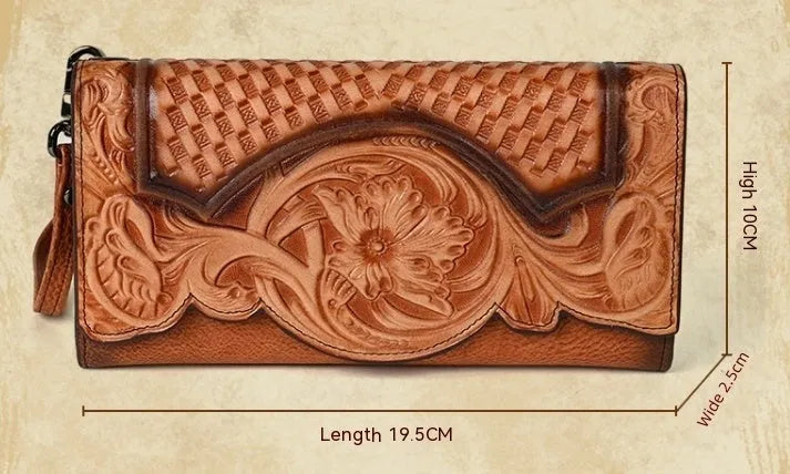 Women's tri-fold leather wallet with Chinese embossed floral pattern in retro brown colour