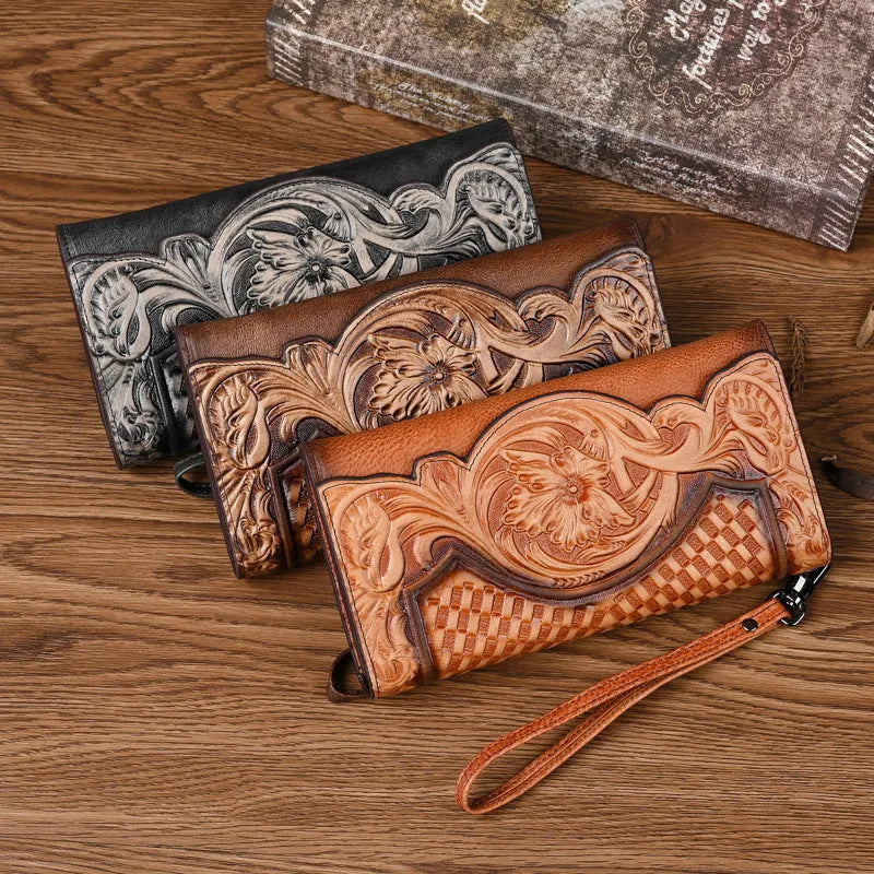 Women's tri-fold leather wallet with Chinese embossed floral pattern in retro brown colour