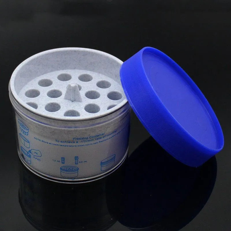 Orange and blue process cooling box for laboratory gradient freezing with metal-plastic construction.