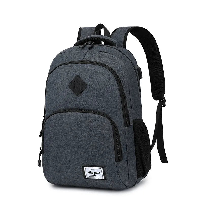 Gray nylon backpack with USB charging port and trolley case straps