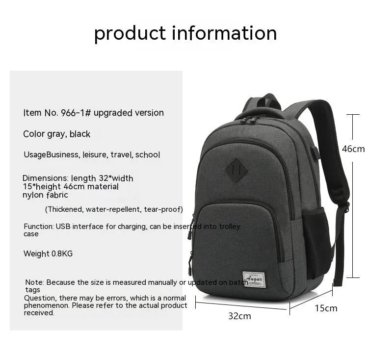 Gray nylon backpack with USB charging port and trolley case straps