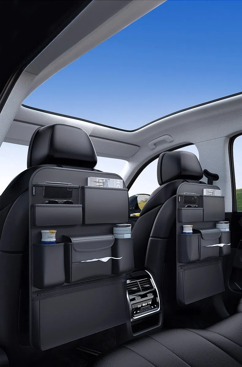 Black leather car seat back hanging storage bag with handle shown in large and small size options