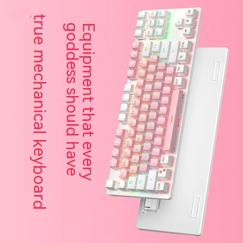 Red and black 87-key compact mechanical keyboard with green axis switches on a desk, shown with blue mixed light backlight