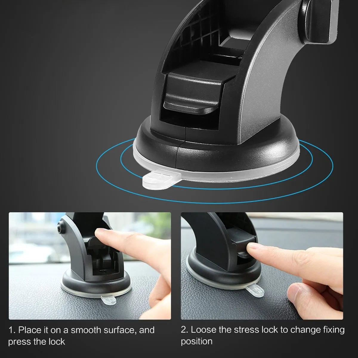 Yellow and black telescopic car dashboard phone holder with suction cup mount extended