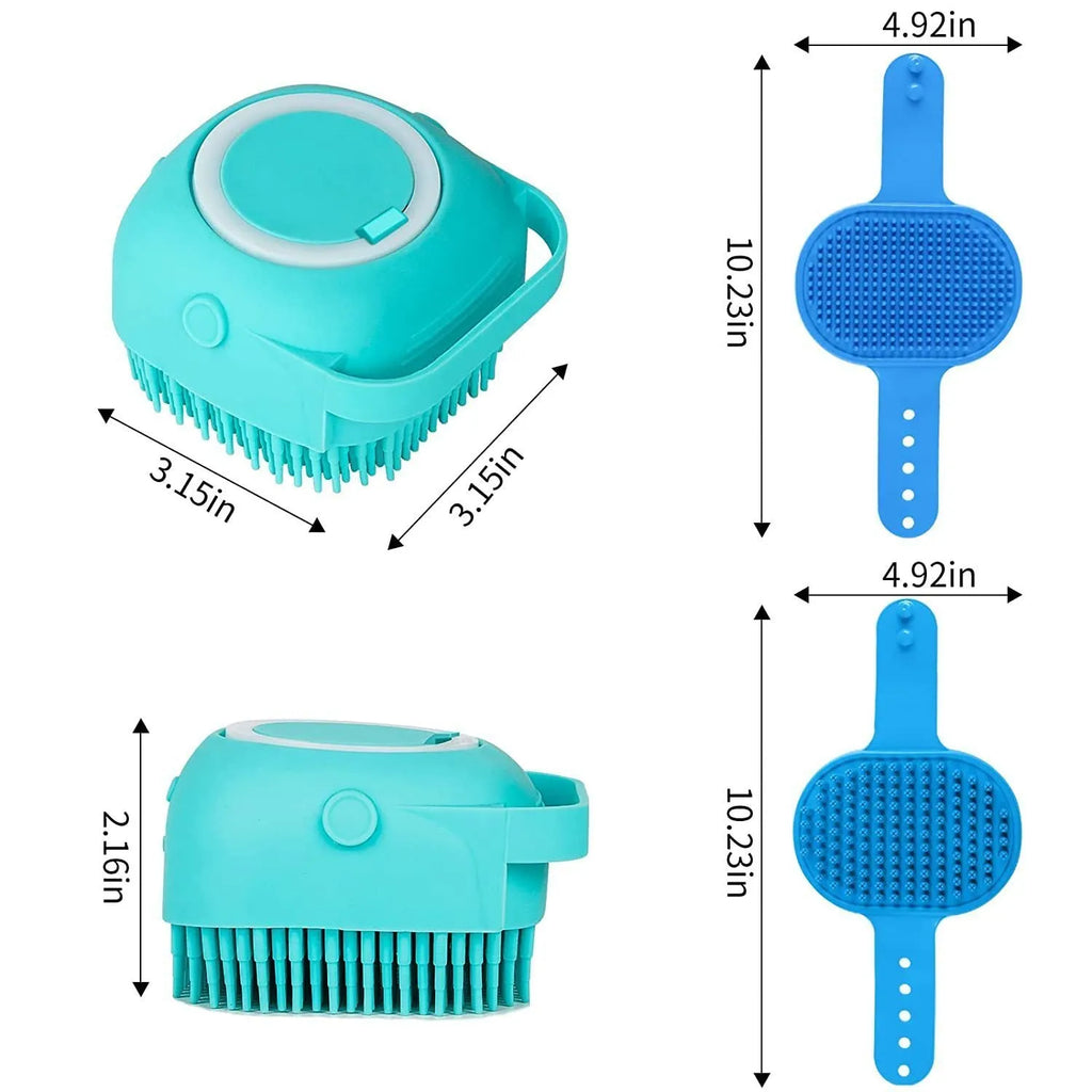 Blue 3-piece silicone dog bath brush set with adjustable handles on surface