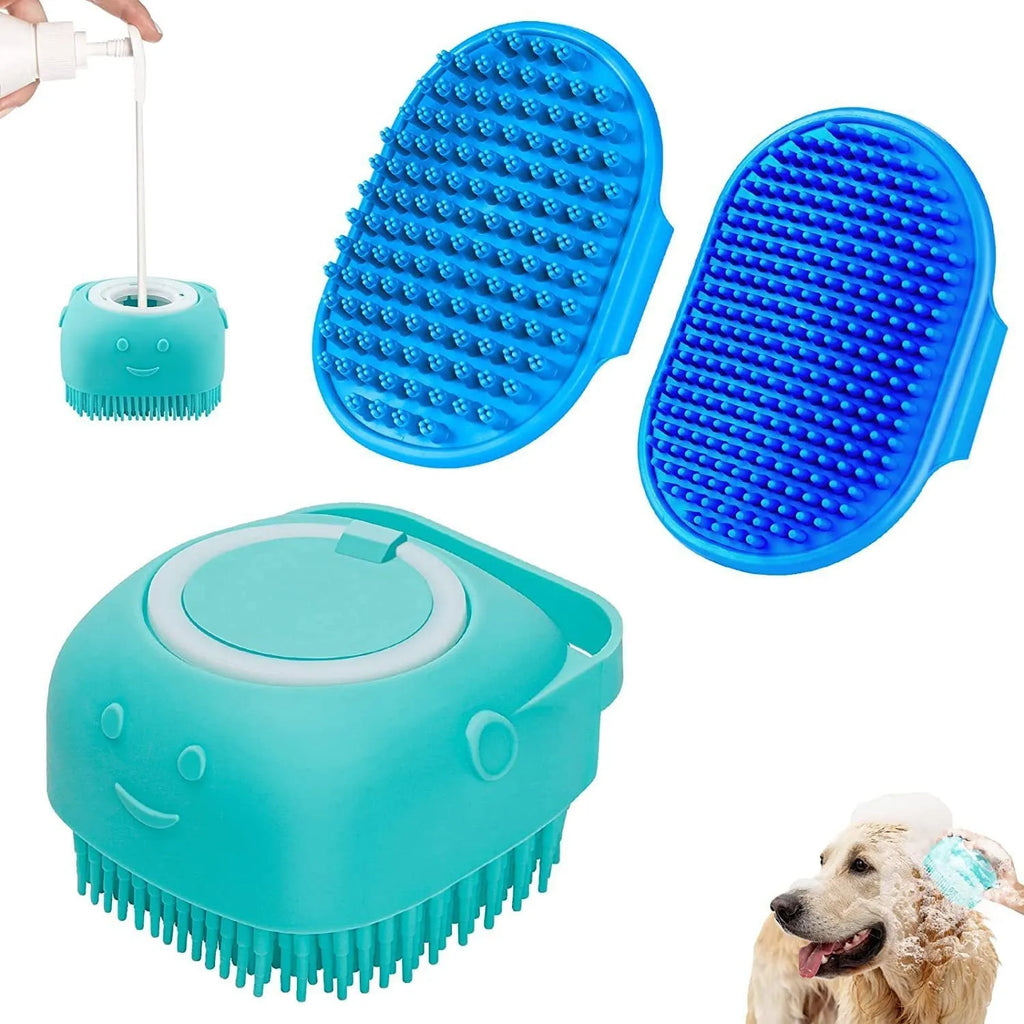 Blue 3-piece silicone dog bath brush set with adjustable handles on surface