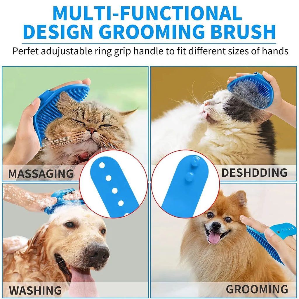 Blue 3-piece silicone dog bath brush set with adjustable handles on surface