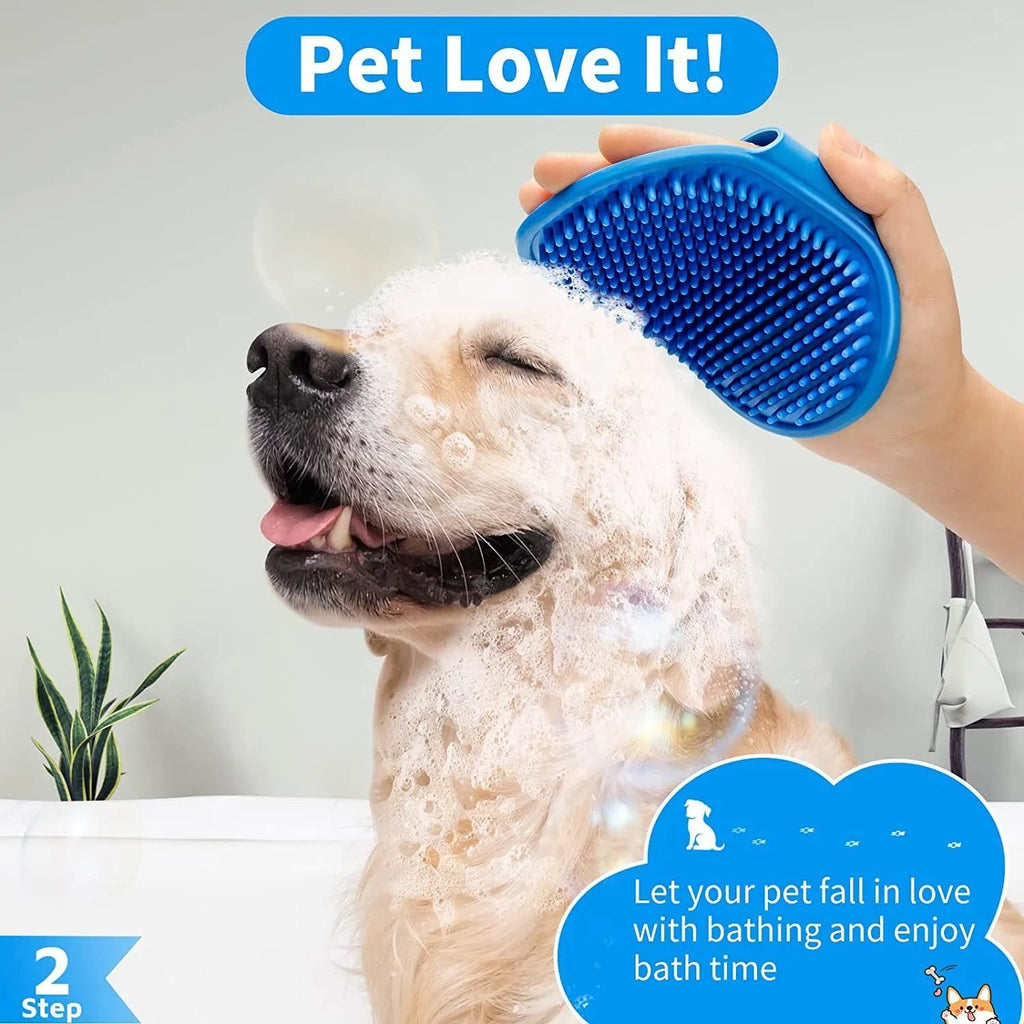 Blue 3-piece silicone dog bath brush set with adjustable handles on surface