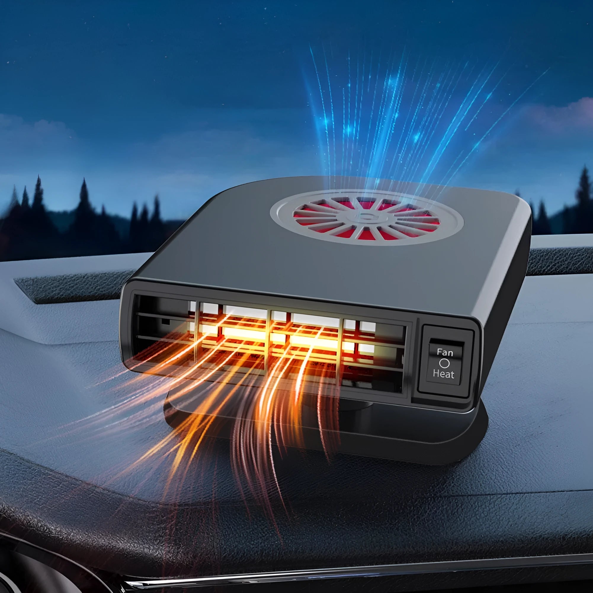 Black compact vehicle-mounted heater for car windscreen defrosting, shown with 12V plug.