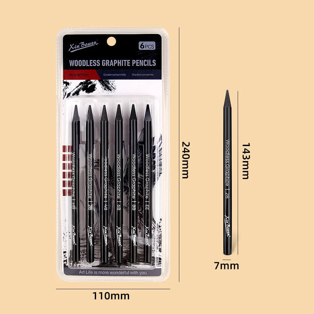 Wood-free graphite sketching pencil set showing six different grade pencils for art drawing