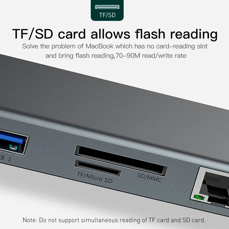 Grey aluminium USB-C docking station with cooling bracket showing ten connectivity ports