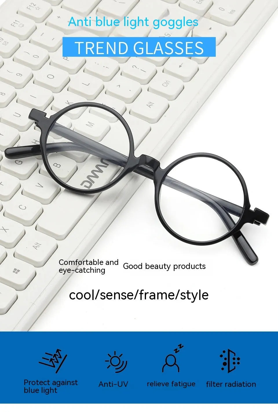Artistic retro round flat mirror glasses without diopters in four colour options