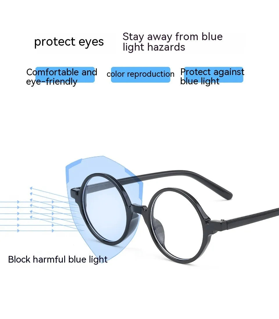 Artistic retro round flat mirror glasses without diopters in four colour options