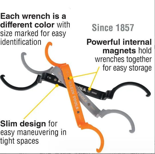 Crescent magnetic suction, locking, and catheter wrenches from the H251 three-piece set in orange, grey, and black.
