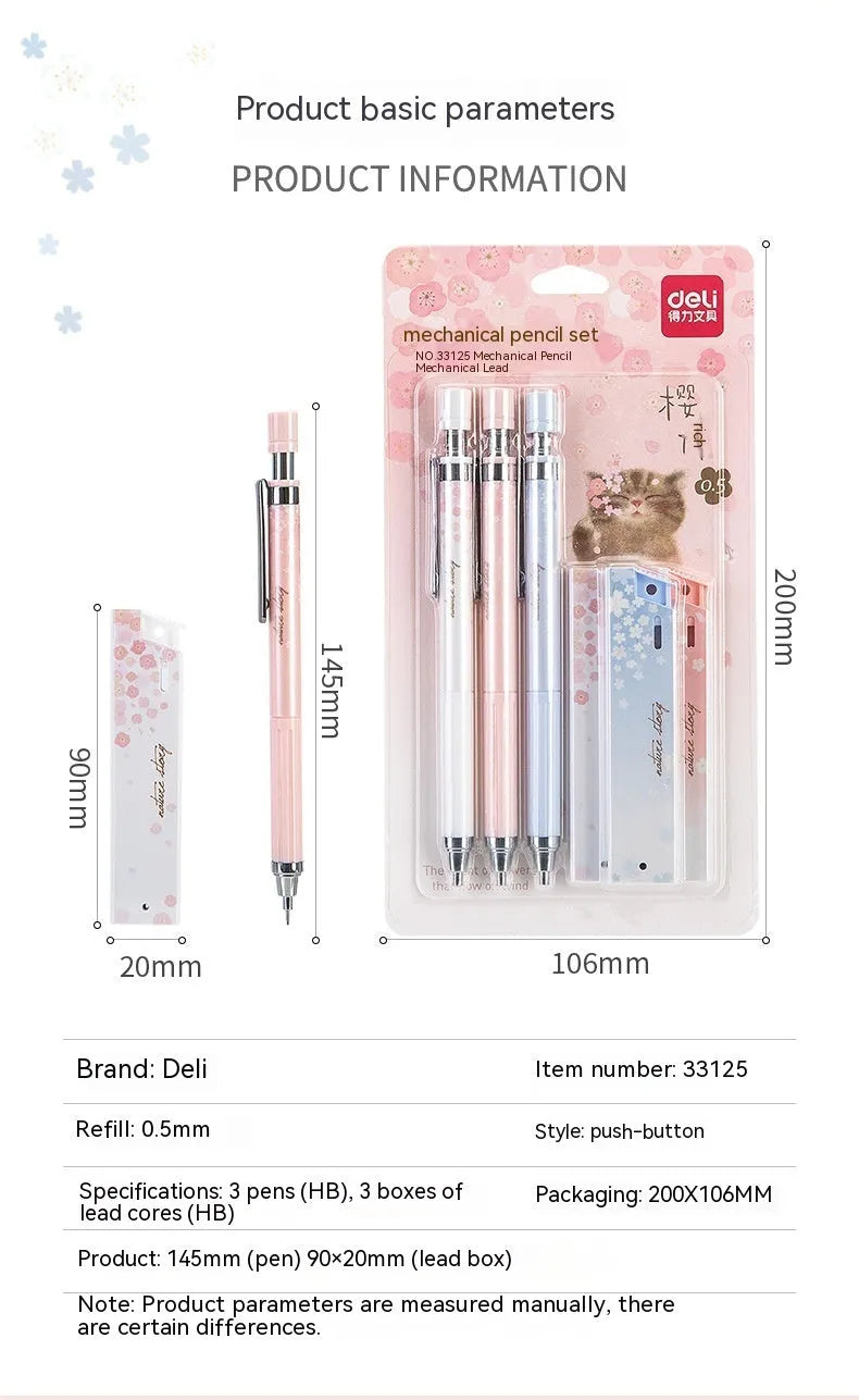 0.5mm cartoon automatic pencil set with three pencils and HB refill boxes