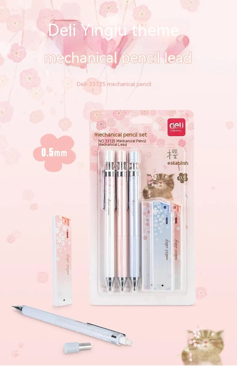0.5mm cartoon automatic pencil set with three pencils and HB refill boxes