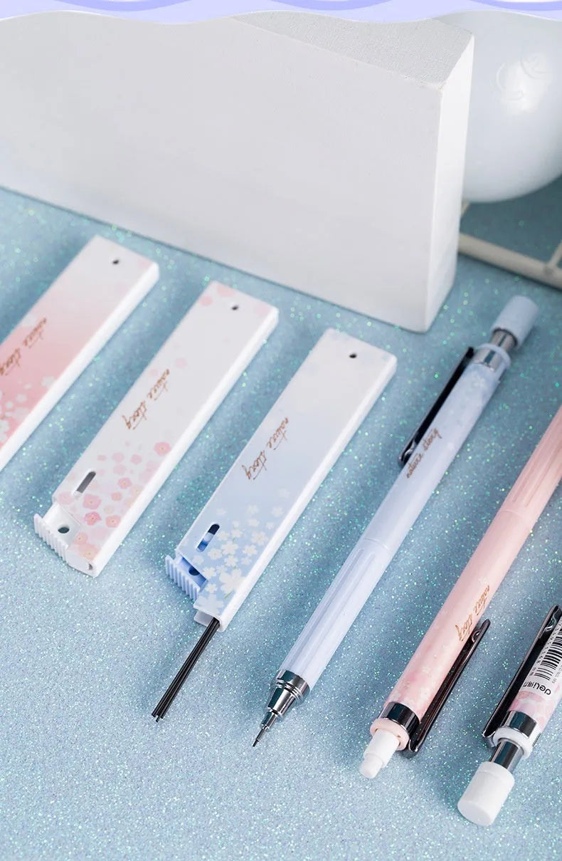 0.5mm cartoon automatic pencil set with three pencils and HB refill boxes