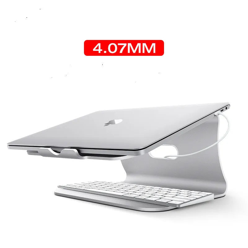 Aluminium alloy rotary laptop cooling bracket in grey and silver, showing adjustable angle and open-frame design.