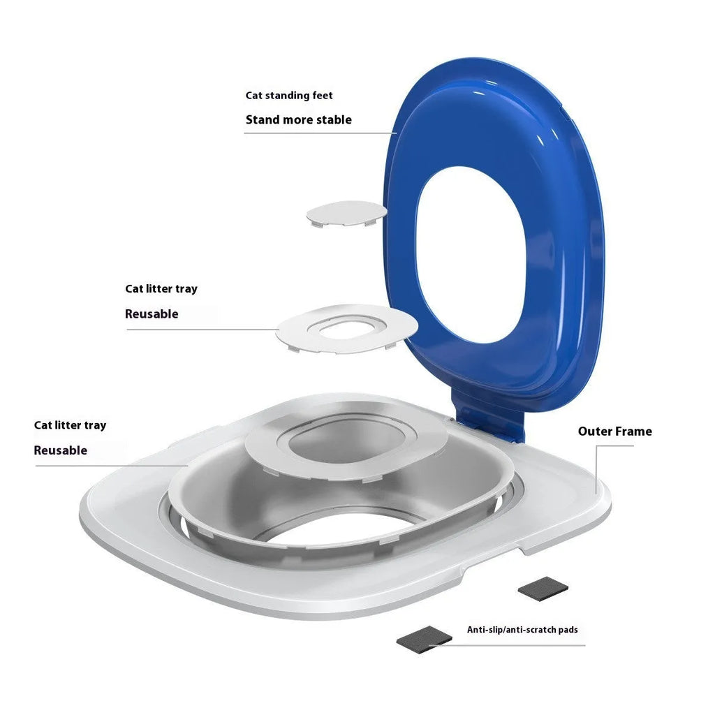 Fifth generation cat toilet trainer with integrated mat in grey, green, and blue colour options