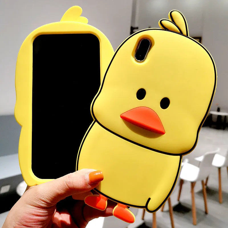 Green silicone iPhone case with a cartoon animal design on the back.