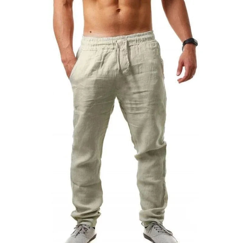Breathable cotton linen loose sports trousers with drawstring waist in khaki, front view
