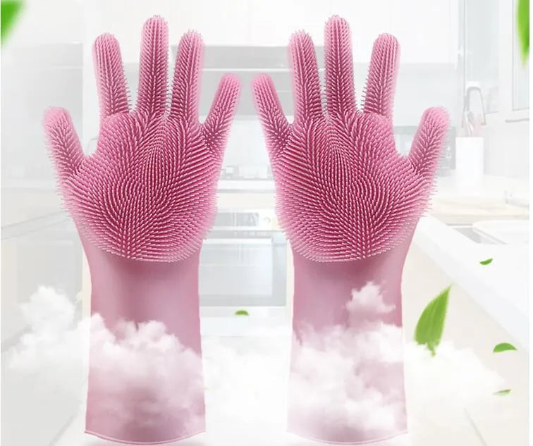 Silicone heat-resistant cleaning gloves with sponge texture for scrubbing dishes