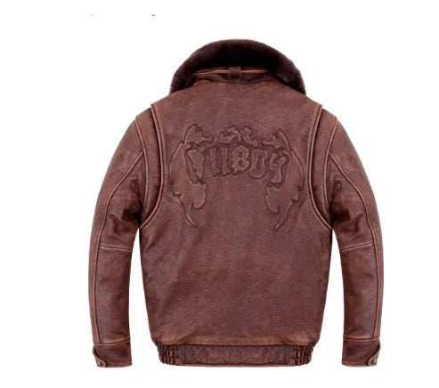 Men's old brown genuine cowhide leather flight suit jacket with ribbed hem and zipper