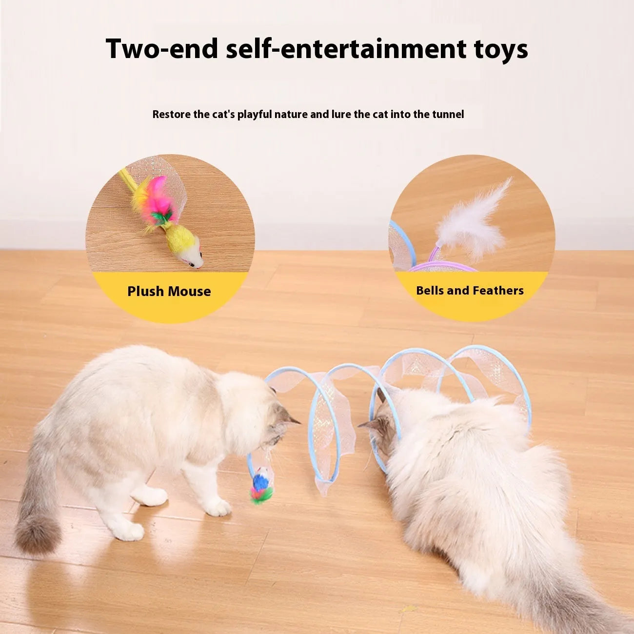 Cat tunnel toy with steel frame and elastic netting featuring feather teaser attachments