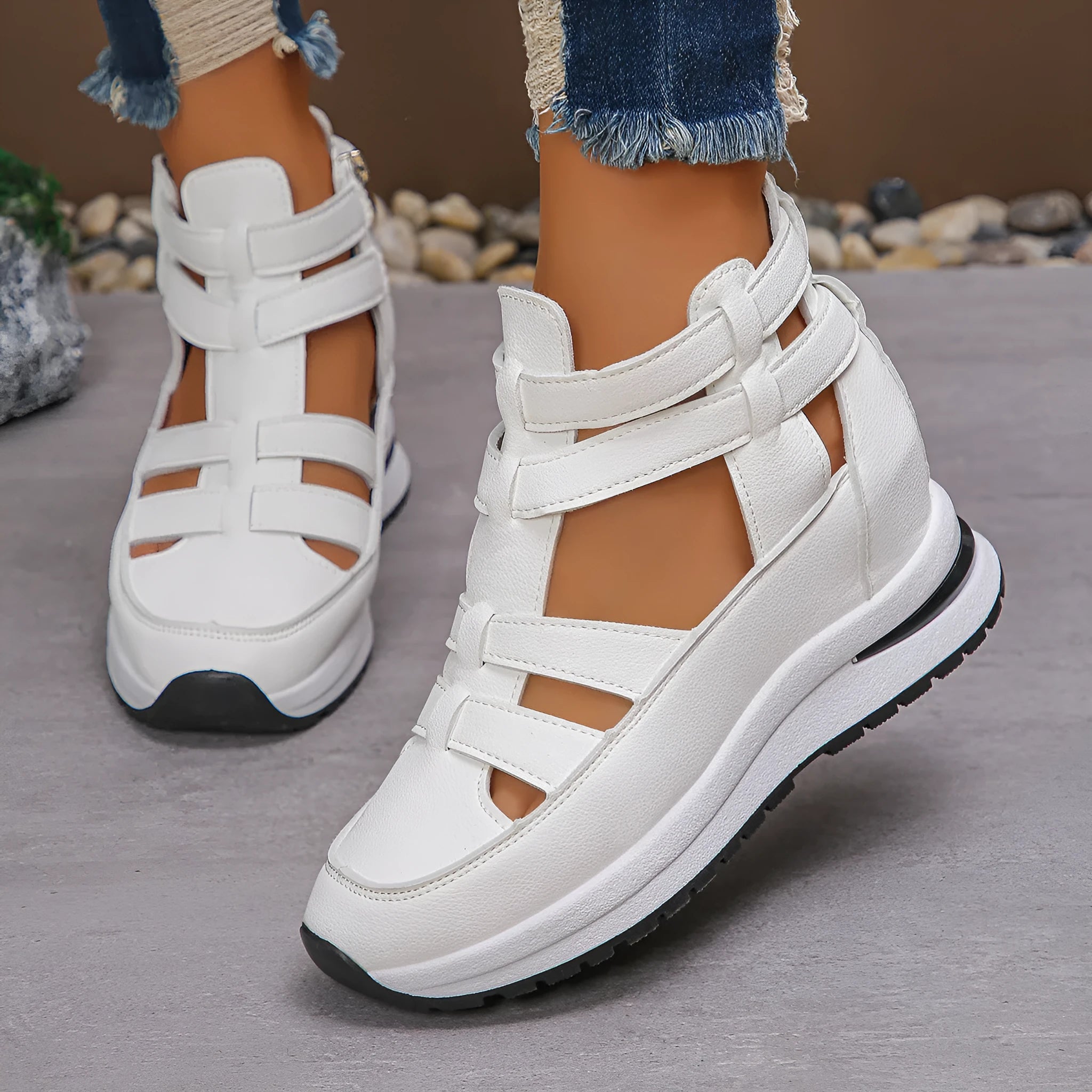 Women's black close-toed hollow-out platform sandals with Velcro strap and rubber sole