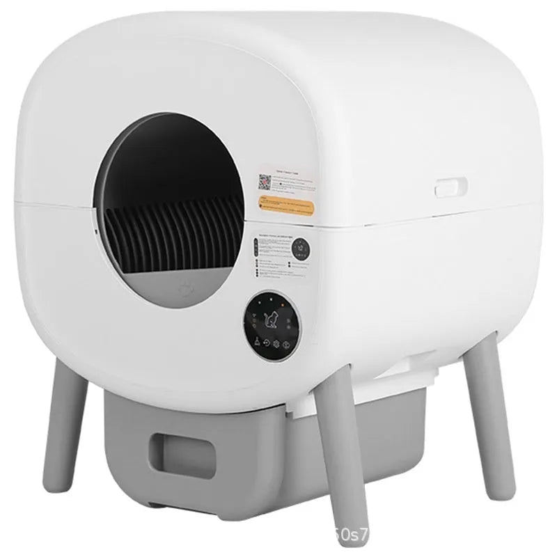 Automatic self-cleaning cat litter box with 13L waste storage capacity measuring 55cm wide